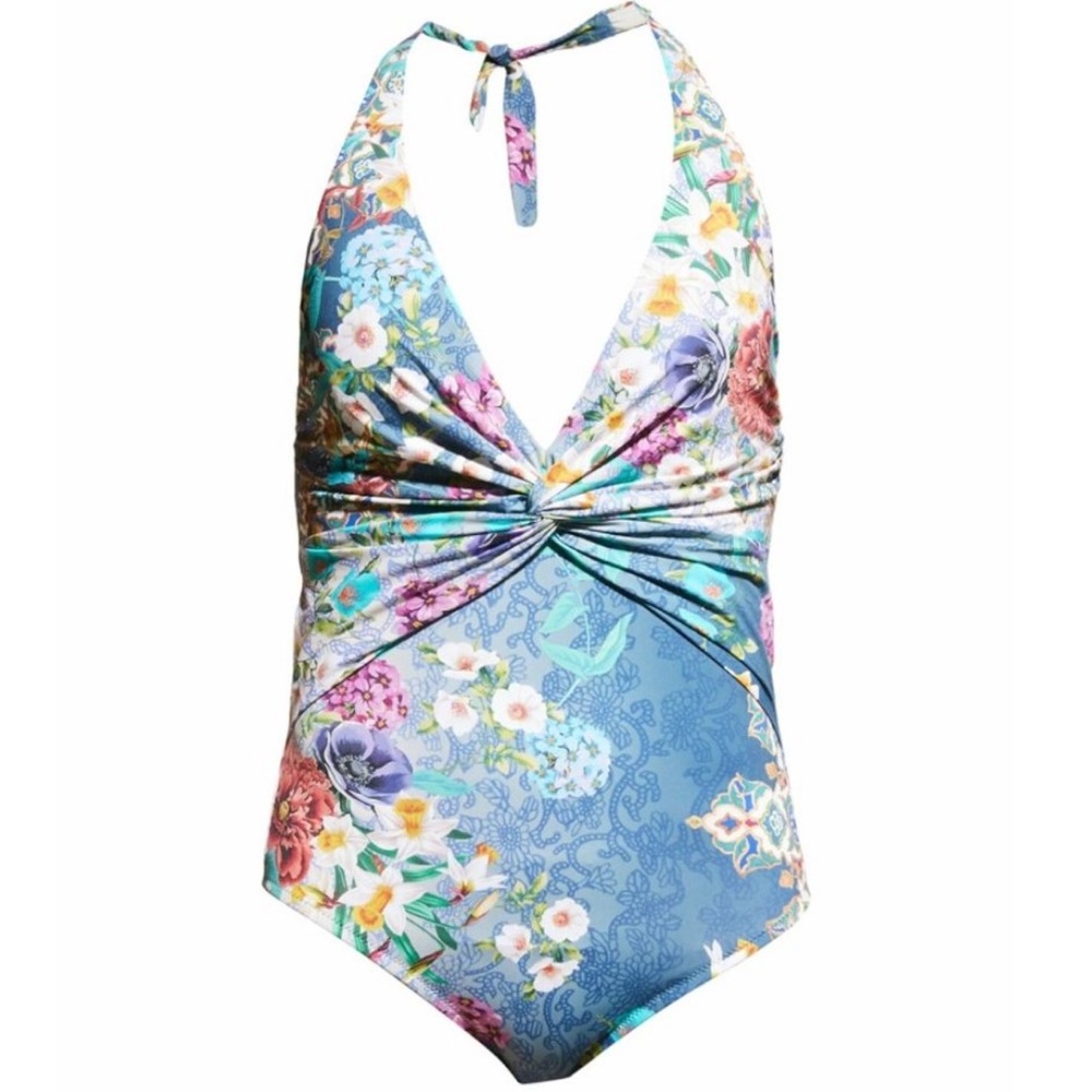 Johnny Was Blue Sady Twist-Front One Piece Swimsuit V Neck Halter 3X XL - Picture 2 of 9